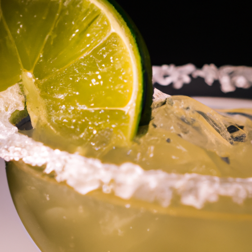 A close-up shot of a Margarita, showcasing the salted rim, lime garnish, and the icy blend of ingredients.